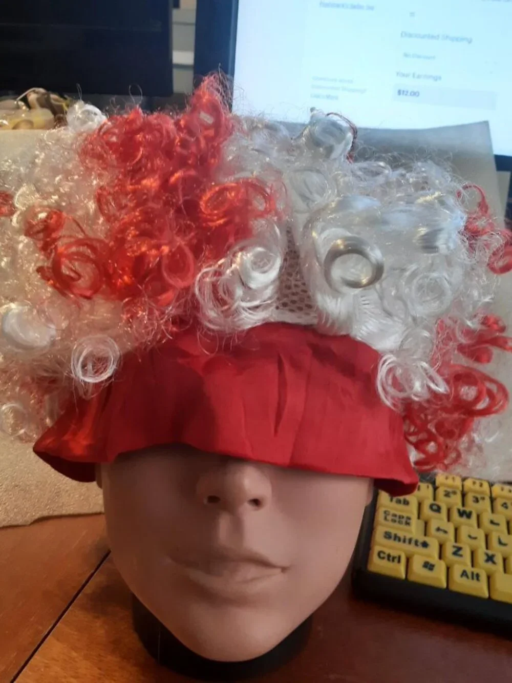 NEW ! Red & White Curly Costume Wig Attached Re Brim/Bonnet for Holiday Dress Up